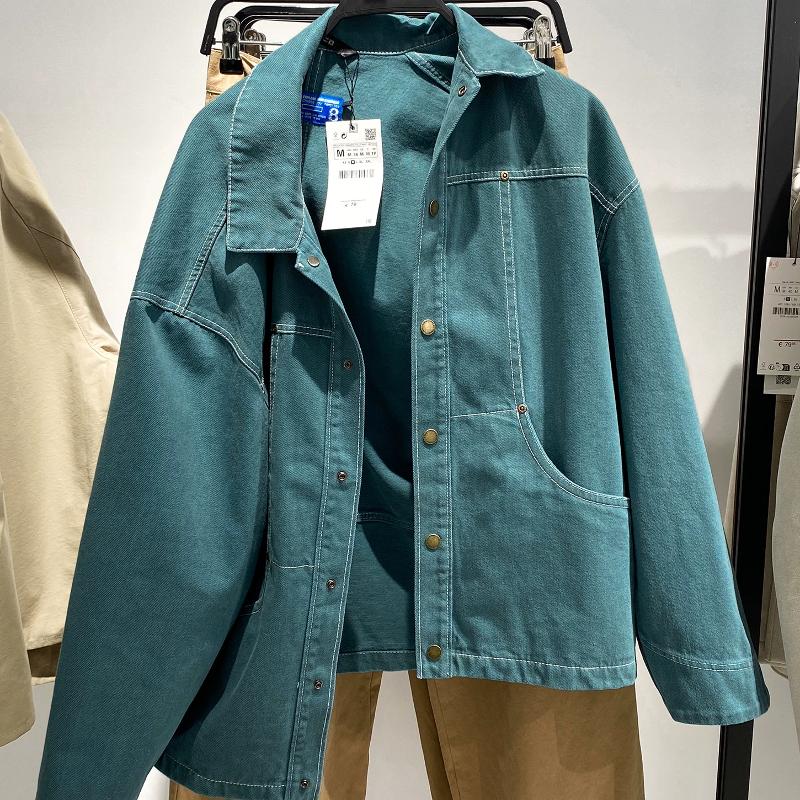 Veste de chemise en coton vert délavé pour hommes, couleur unie, col à revers, boutonné, manches longues, ample, décontractée, surchemise d'autom