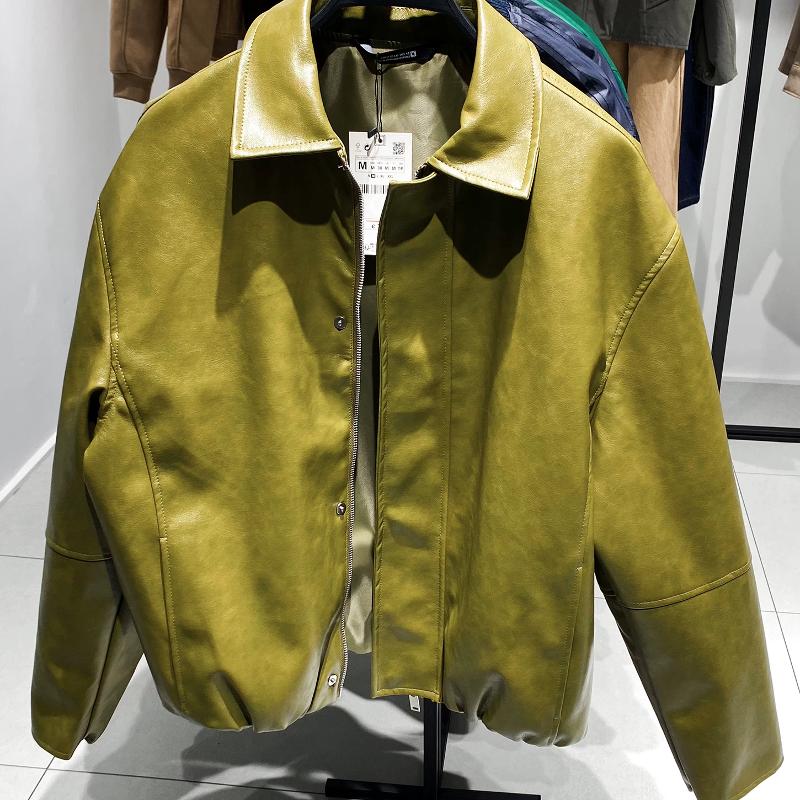 Design Seller Men's Faux Leather Jacket Loose Fit PU Lapel Collar Zip Up Casual Spring Autumn Outerwear Solid Color Long Sleeve Coat