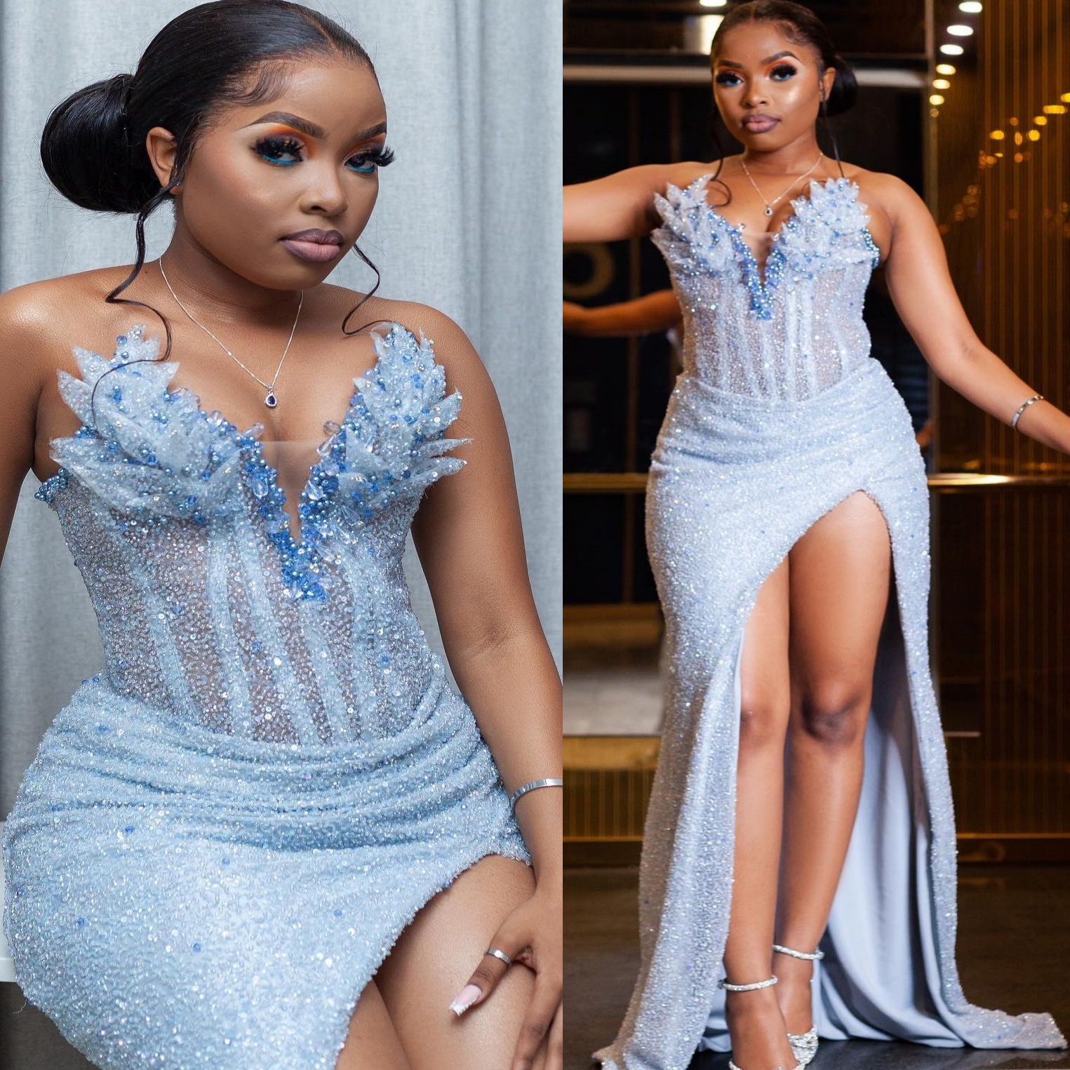 Aso Ebi Light Sky Blue Mermaid Prom Dress 2026 Petals Flower Pearls Sequined Evening Dresses Birthday Formal Party Reception Second Long Dinner Dres