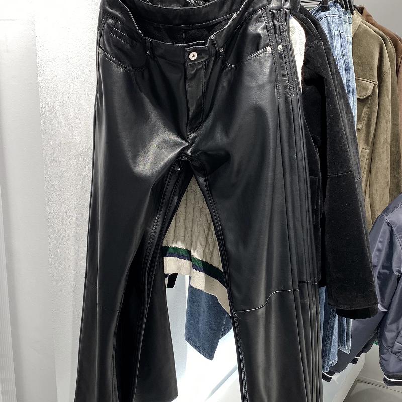 High-quality products Men's Winter Black Faux Leather Straight Leg Pants, Casual Streetwear Solid Color Trendy Long Trousers for Men