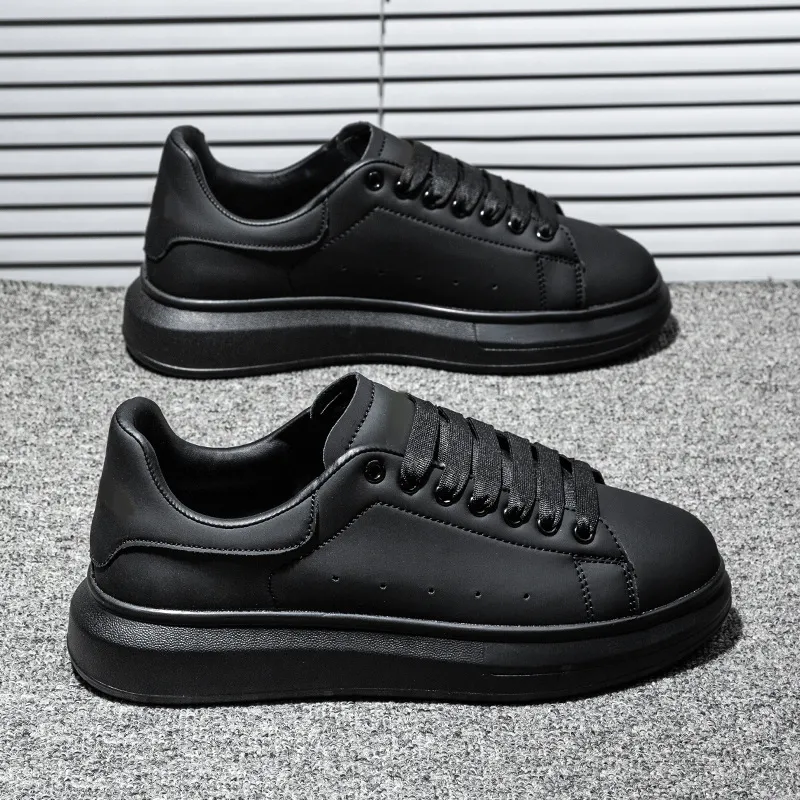 Men Shoes Women Black Platform Skate Breathable Shoes Thick Sole Height Increasing Lace Up Leather Casual Daily Walking Sneakers Footwear