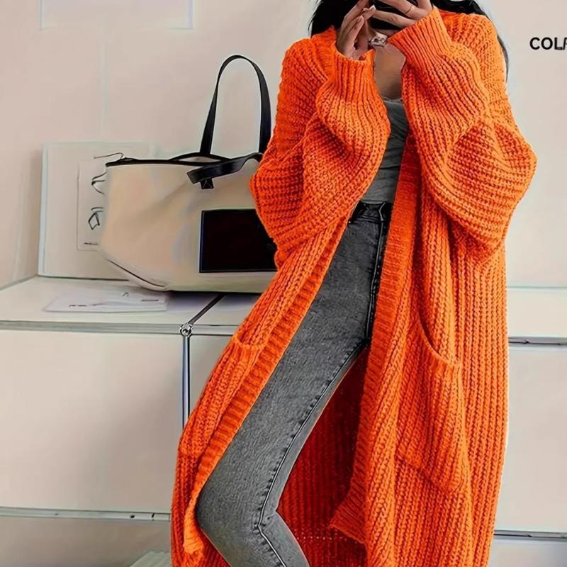 Designer High Quality Women Plus Size Long Cardigan Sweater Over Knee Loose Thick Knit Open Front Coat Autumn Winter Solid V-Neck Long Sleeve Casual