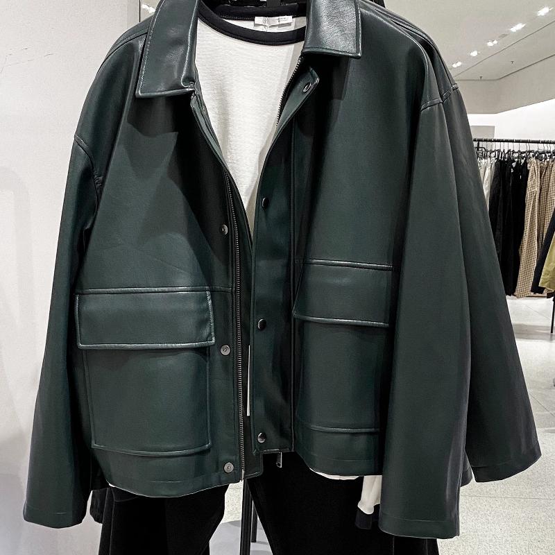 Veste en cuir PU pour hommes, automne-hiver, ample, Cargo, col à revers, multi-poches, coupe-vent, manteau en Faux cuir, Streetwear