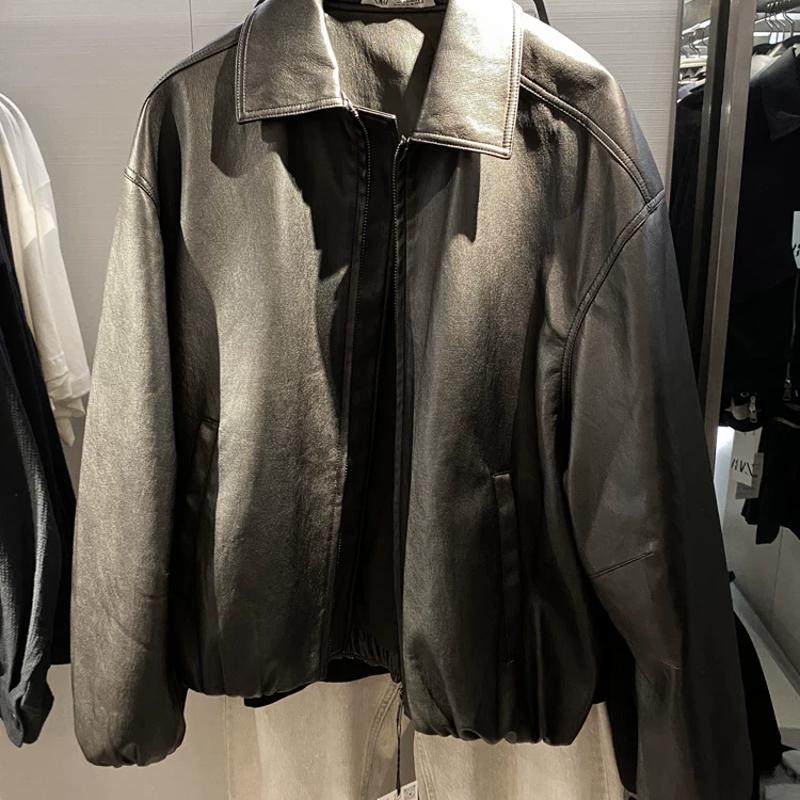 Veste de créateur en simili cuir pour hommes, coupe ample, col à revers, fermeture éclair, multi-poches, vêtements d'extérieur noirs décontractés