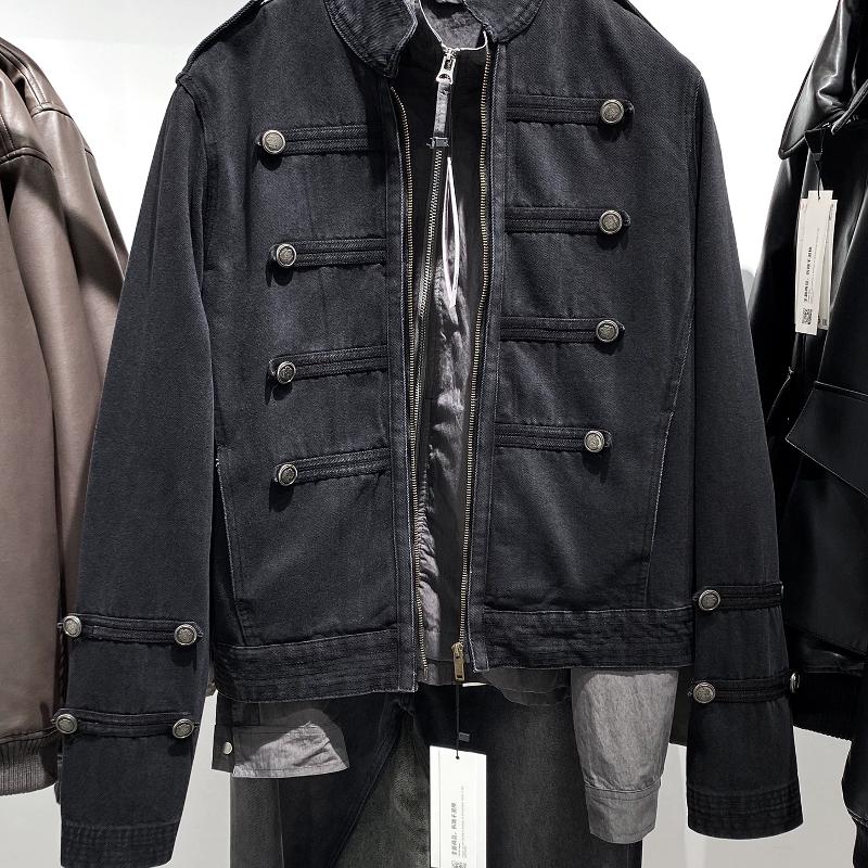 Veste à col montant délavé rétro pour hommes, coupe cintrée, fermeture éclair, en coton, manteau d'automne décontracté, couleur unie, vêtements d