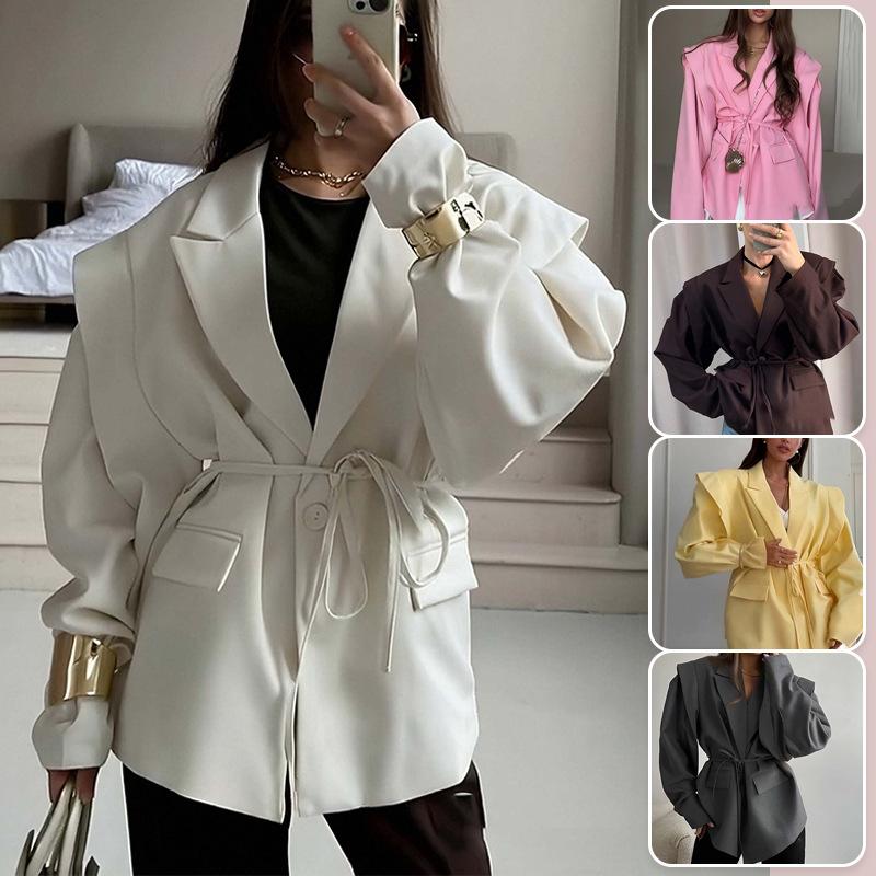 Designer Oversized Women V Neck Belted Blazer Jacket Slim Fit Long Sleeve Solid Color Chic Office Lady Casual Outerwear Plus Size S-3XL