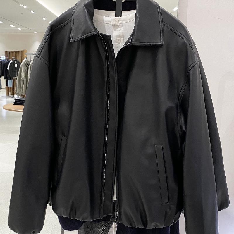 Designer Jacket Men's Faux Leather Jacket Loose Fit Casual Lapel Collar Zip Up Long Sleeve Solid Black Outerwear Pockets Spring Autumn Winter