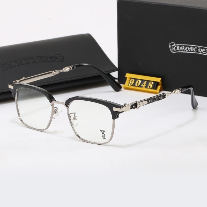 Chrome Sunglasses Browline Eyeglasses Vintage Dagger Cross Engraved Temple Black Acetate Top Silver Metal Half Frame celebrity style