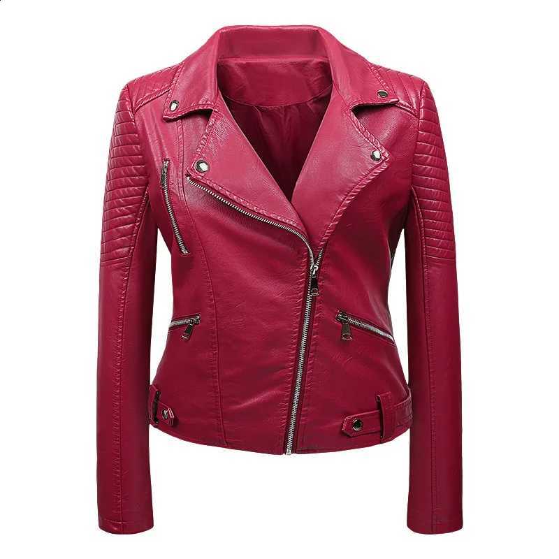 Leather Women's Leather Women's Faux Trench Coats Motorcycle PU Leather Jacket Short Polo Neck Punk Rock Coat Harajuku Fit Spring and Autu