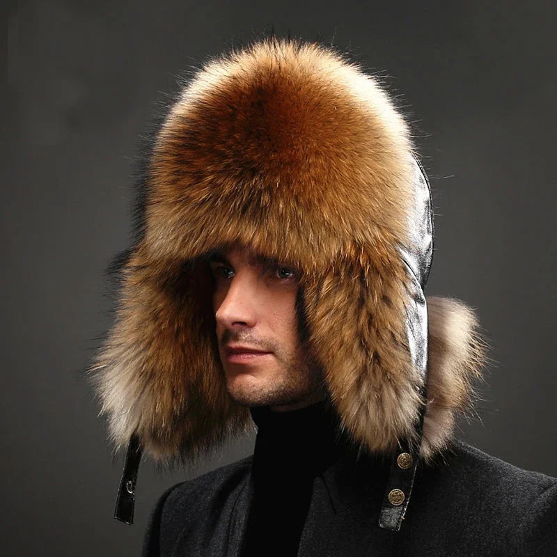 Winter Men's 100% Silver Fox Fur Ushanka Hat Raccoon Fur Ushanka Cap Trapper Russian Man Ski Hats Caps Leather Top 261008