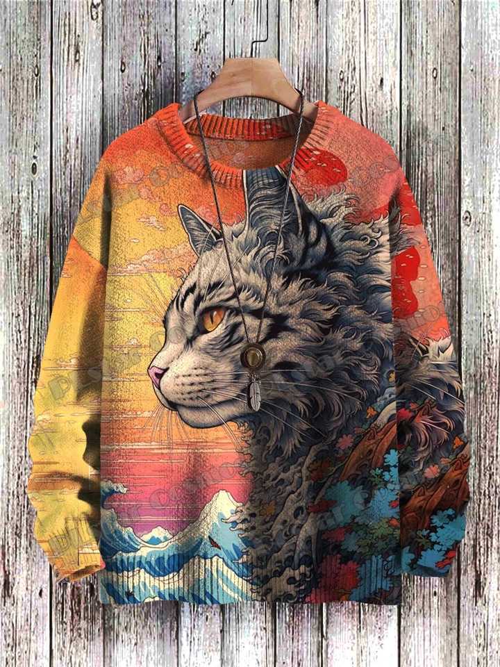 Men's Sweaters Retro Sunset And Cute Cat Pattern 3D Printed Men's Crewneck Knitted Pullover Winter Unisex Casual Knit Pullover Sweater ZZM