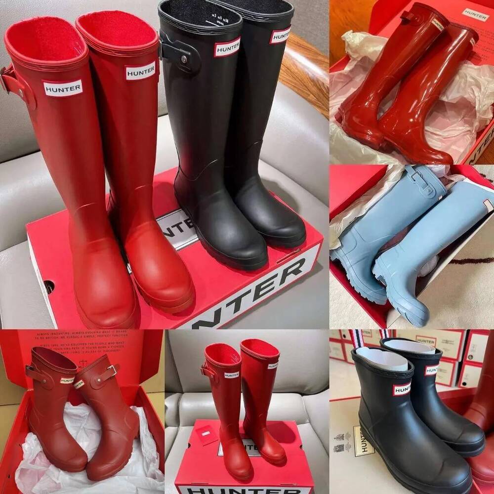 Hunters Womens Mens Designer Rain Boots Luxury Wellies High Quality Anti Slip Rubber Wellington Boots Black Shoes Cool Rainboots Red Martin Knight B