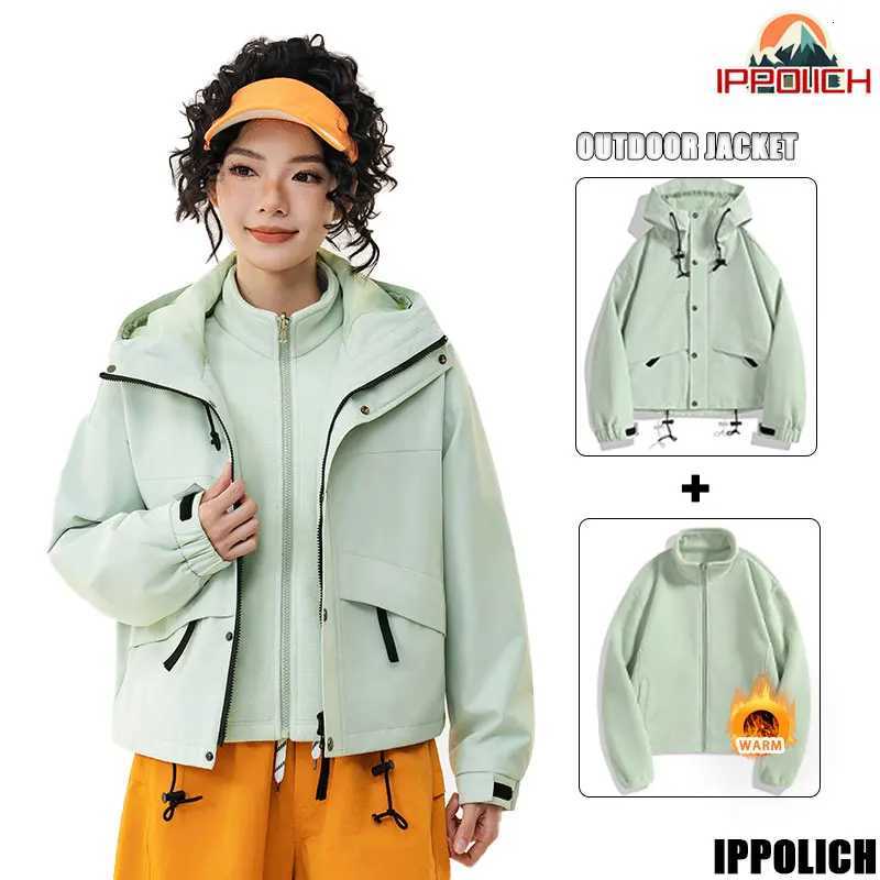 Outdoor Jackets Hoodies Winter Hiking Jacket Women Outdoor Short Style 3 In 1 Waterproof Camping Hooded Jacket Thick Warm Windproof Travel Skiing Co