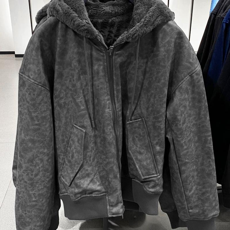 Veste d'hiver réversible en cuir PU en fausse fourrure pour hommes, manteau à capuche épais doublé de polaire, vêtements double face, coupe-vent,