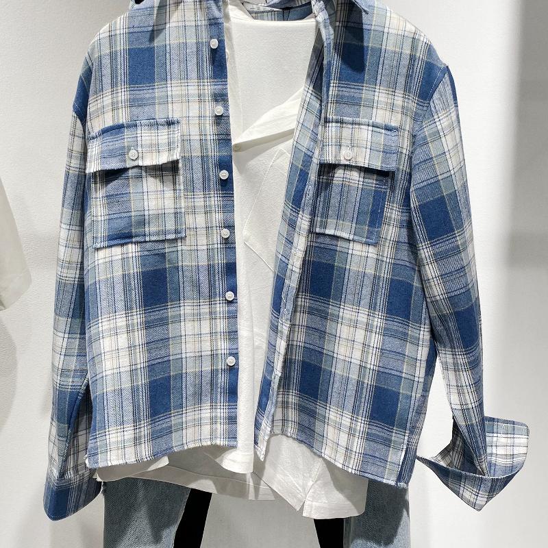 Men's Cotton Plaid Long Sleeve Designer Shirt Loose Fit Lapel Collar Casual Workwear Jacquard Shirt Spring Autumn Blue