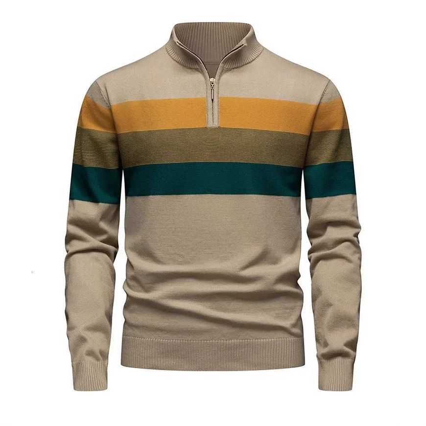 Men's Sweaters Autumn Winter Striped Knitted Pullovers Men Stand Collar Patchwork Half Zipper Casual Knit Sweater Male Fashion Warm Knitwear D2