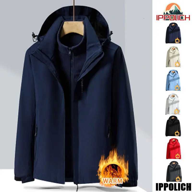 Outdoor Jackets Hoodies Winter Hiking Jacket Male Outdoor 3 In 1 Waterproof Windproof Hooded Jacket Thickened Fleece Camping Mountaineering Sports C