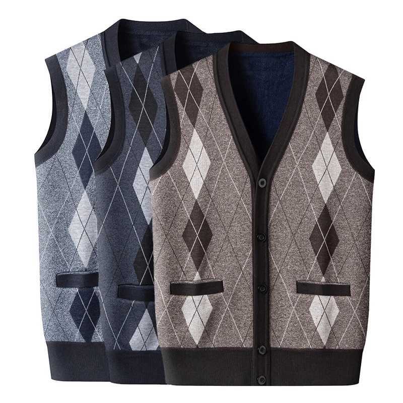 Men's Sweaters Mens sl1less Sweater ve1 V Neck Button Down Cardigan Sweaters Knitted Dad's Argyle ve1 with Pocket D261009