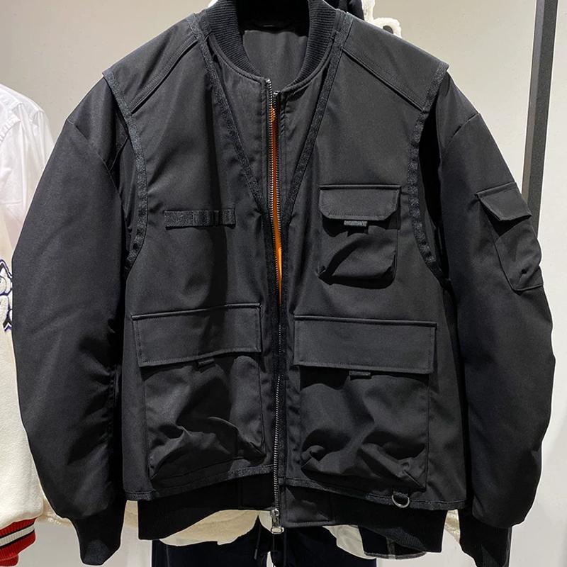 Veste d'hiver rembourrée en coton épais pour hommes, vêtements de travail amples, manteau bombardier, épaules tombantes, fermeture éclair noire,