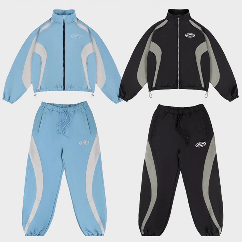 Casual Sports Set Mens Loose Splicing Work Striped School Team JacketPants Street 2-piece Black Fashion Set Europe 241213