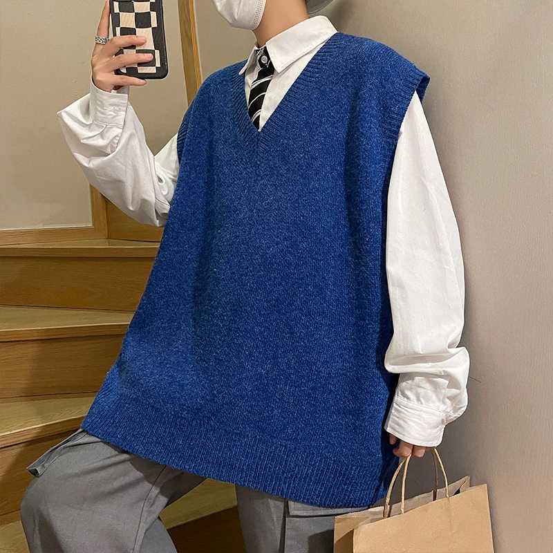 Men's Sweaters Hong Kong style loose 2025 autumn and winter men's ve1 knitted sweater for outerwear trendy camisole college style V-neck l