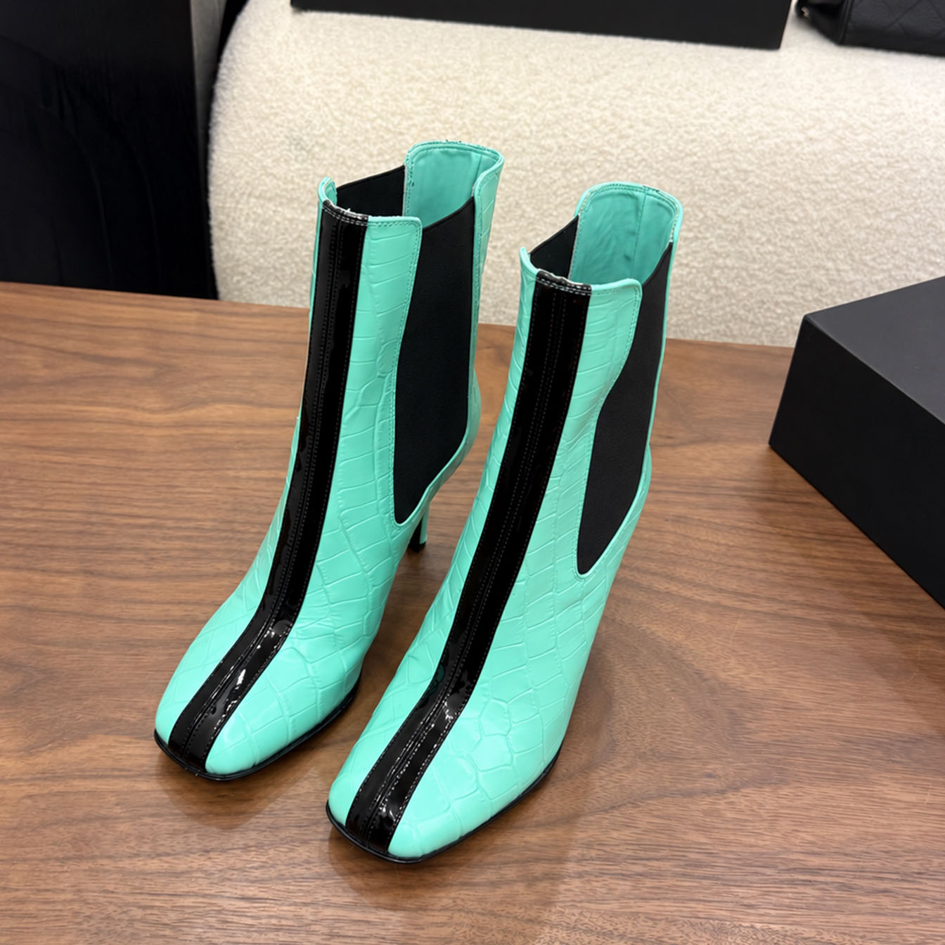 Designer Stiletto Ankle Boots 26B New Arrival Croc Embossed Leather Elastic Panel Square Toe High Heel Booties Elegant Footwear For Women Party Comm