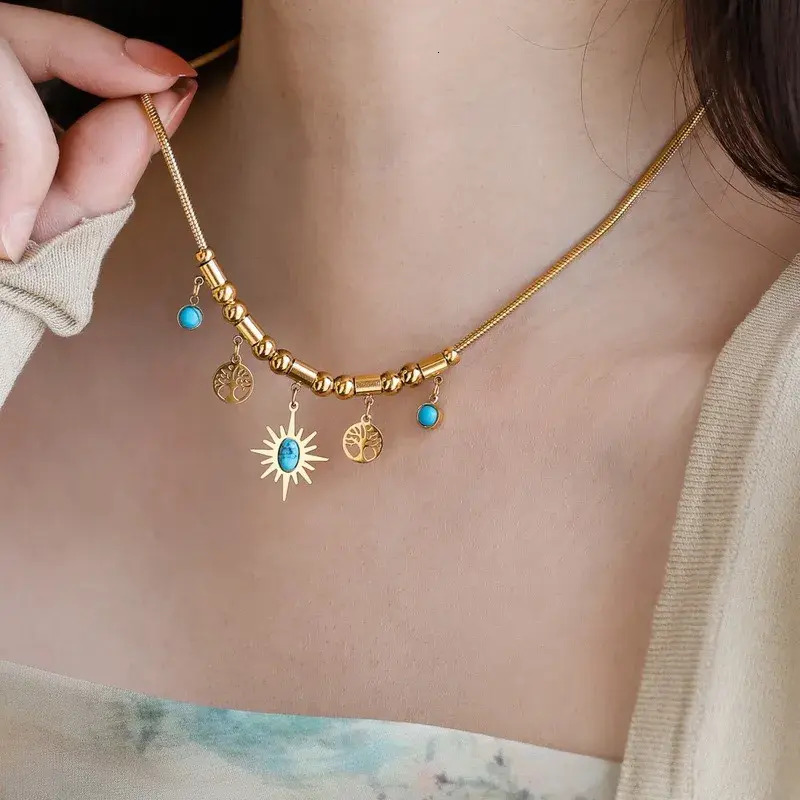 Dainty Adjustable Pendant Necklace Boho Sun Tree Of Life Pendant Necklace 18K Gold Plated Turquoise Beaded Snake Chain Choker For Women open photo l