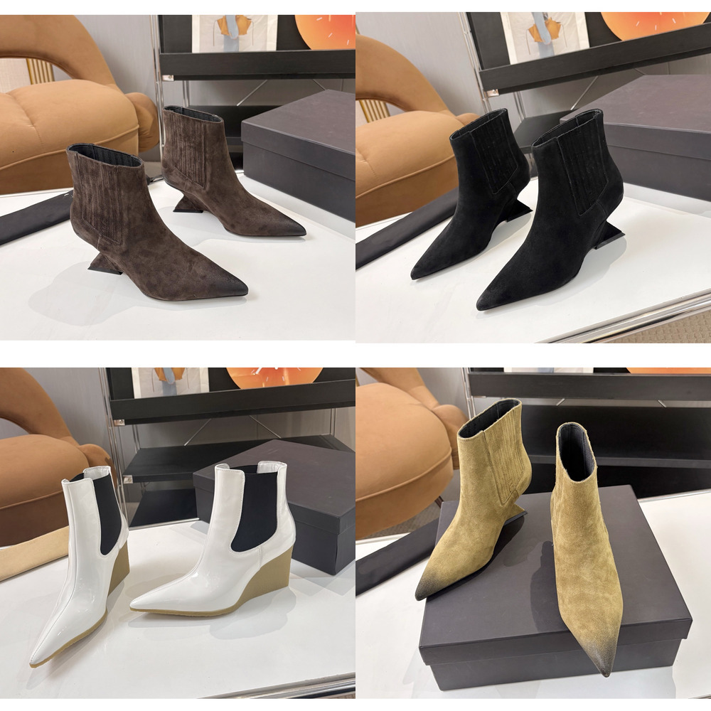 wedge boot woman designer point toe matte leather ankle chelsea work office luxury comfortable brown black retro vintage modern street casual fashio