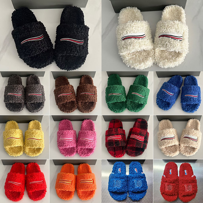Designer Pluizige Pantoffels Winter Warm Open Teen Zacht Kunstbont Gestreept Borduursel voor Dames en Heren