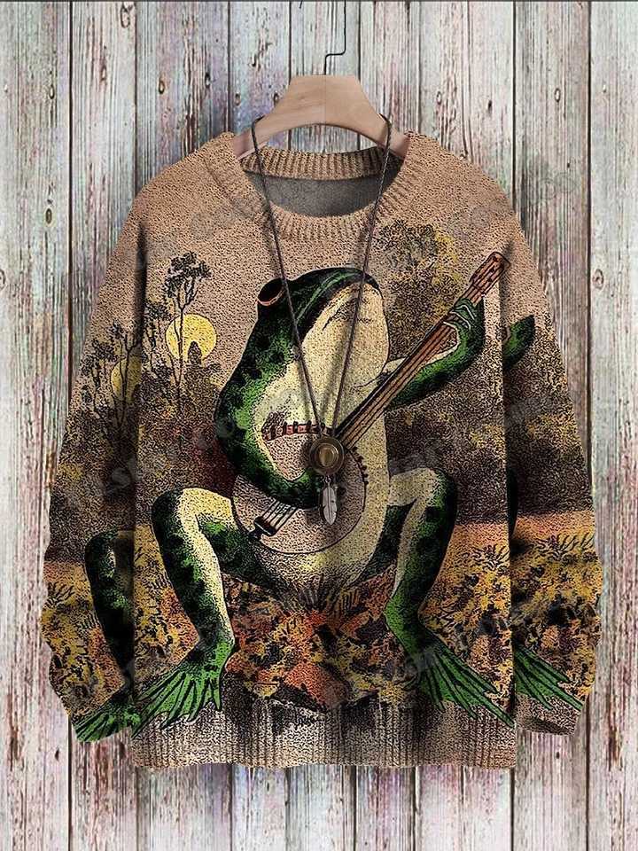 Men's Sweaters Vintage Frog Fun Art Pattern Retro Owl Art 3D Printed Men's Knitted Pullover Winter Unisex Casual Knit Pullover Sweater ZZM