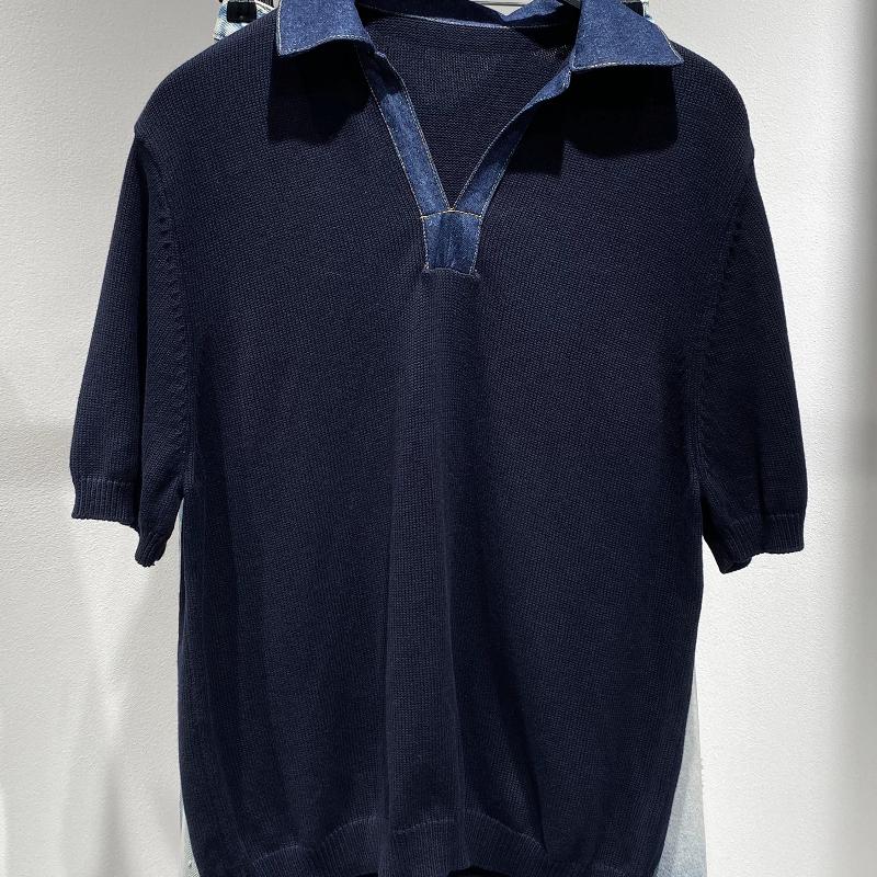 Marchandises de haute qualité hommes été coton Denim Patchwork tricot polo col en V à manches courtes solide bleu profond décontracté lâche haut