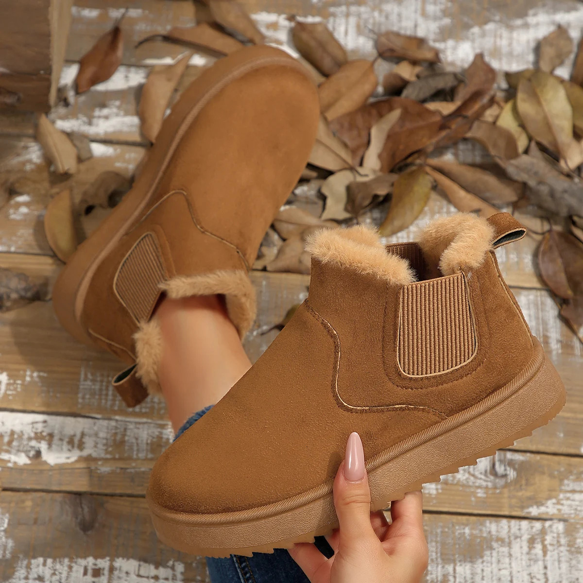 Women Fleece Lined Ankle Snow Boots Elastic Slip On Platform Antislip Warm Winter Fuzzy Collar Plush Casual Short 260917