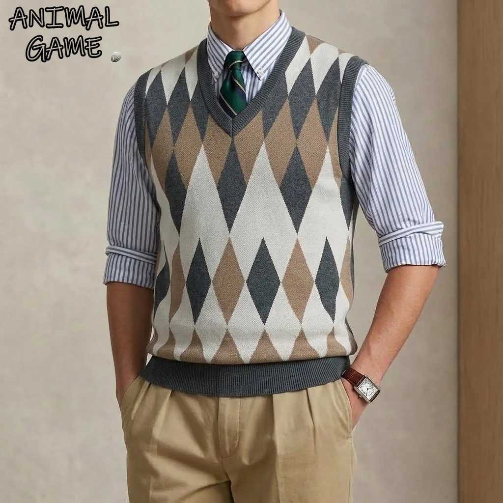 Men's Sweaters New Men's V-Neck Knit Sweater ve1 Vintage Argyle sl1less Pullover Tops Casual Business Dress Waistcoat Shirts Autumn Coats