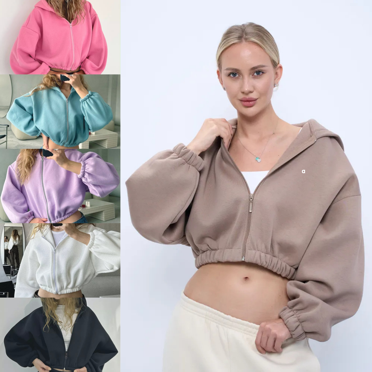 A3069 3D New Arrival Outerwear: European and American-Style Casual Women's Solid-Color Hoodies Long-Sleeve Cropped Jackets Zipper Cardigans and