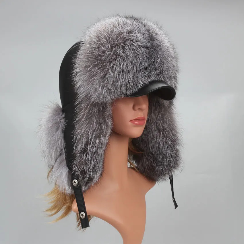 Genuine Silver Fox Fur Hat with Ear Flaps Natural Fur Caps for Russian Women Bomber Hats Trapper Cap with Leather Top 261008