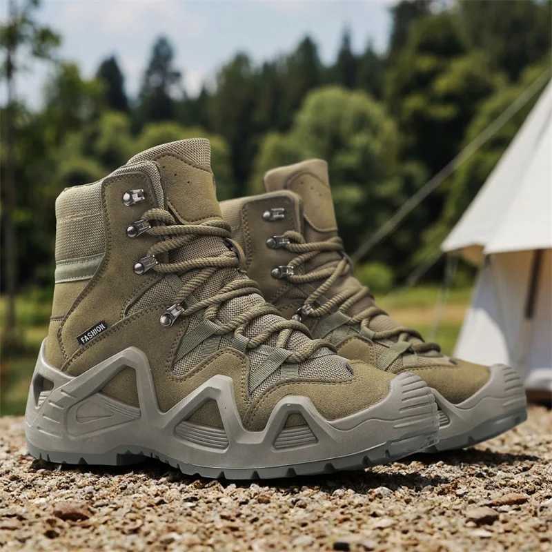 Outdoor Shoes Sandals Outdoor Suede Leather Hiking Shoes Men Non-slip Training Mountain Trekking Boots Men Green Combat Tactical Boots Plus Size 46