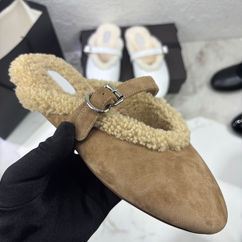 Top Quality Women Designer Shearling Mules Slippers Suede Ballet FlatsMary Jane Shoes Ladies Winter Warm Soft Fur Lined Shoes Walking Shoes 1211
