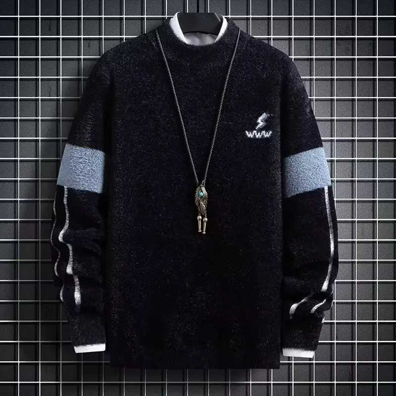 Men's Sweaters Men Winter Warm Black Sweater Pullovers Autumn Men's Rock Hip Hop Plush O Neck Top Men's Cloting New 2024 D261009