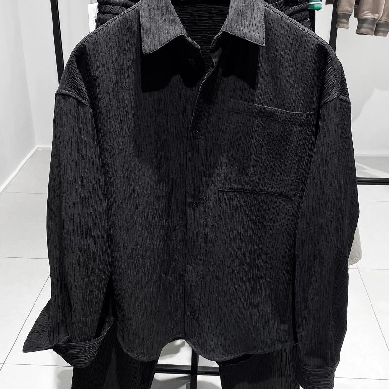 Designer Coat Men's Solid Black Button Front Collar Long Sleeve Loose Fit Shirt Jacket Overshirt Spring Autumn Casual Commute Daily Wear