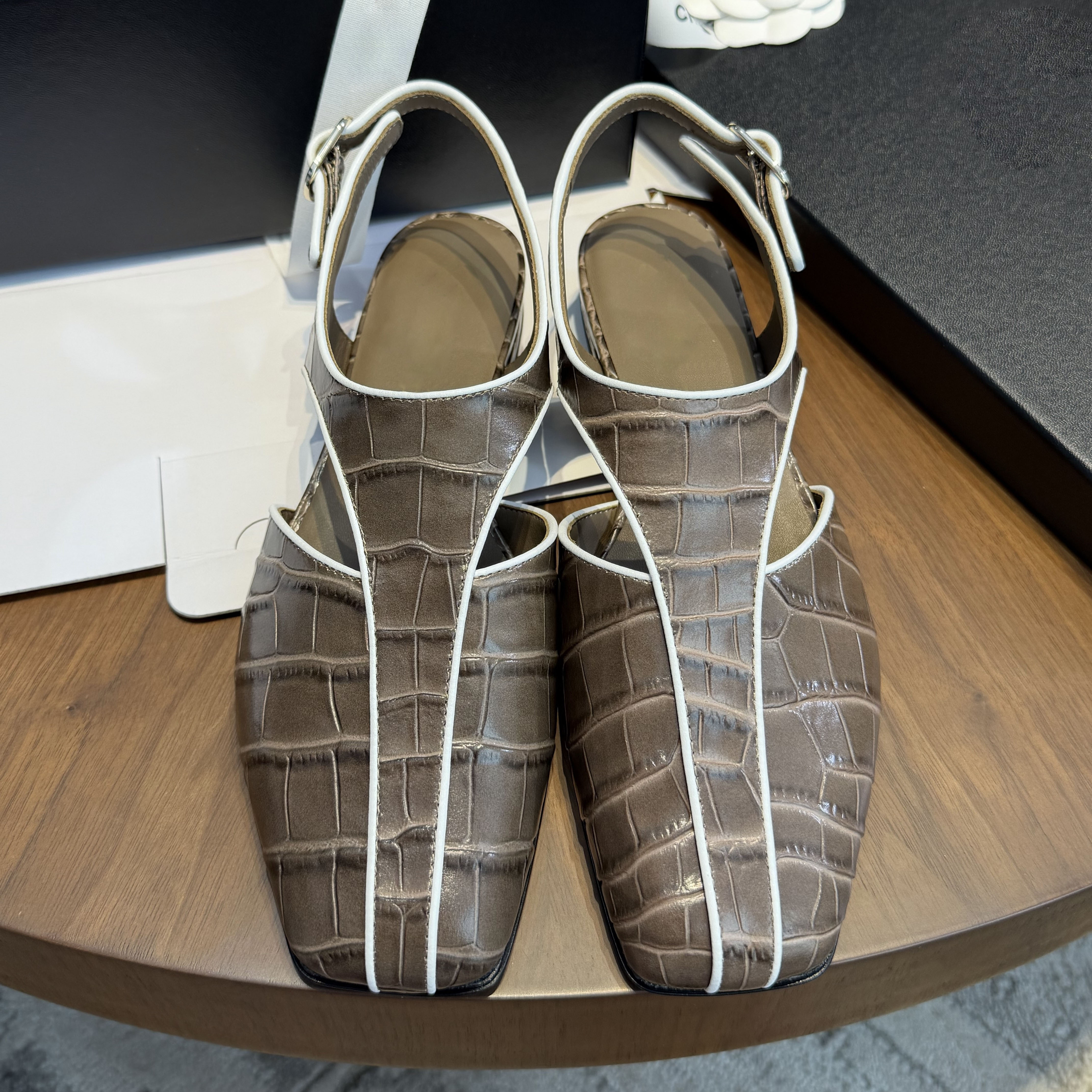 Women Cutout Slingback Sandals, Croc Embossed Calfskin Square Toe Pumps, Soft Lambskin Inner, Chic Minimalist Footwear for Casual and Semi-formal Oc