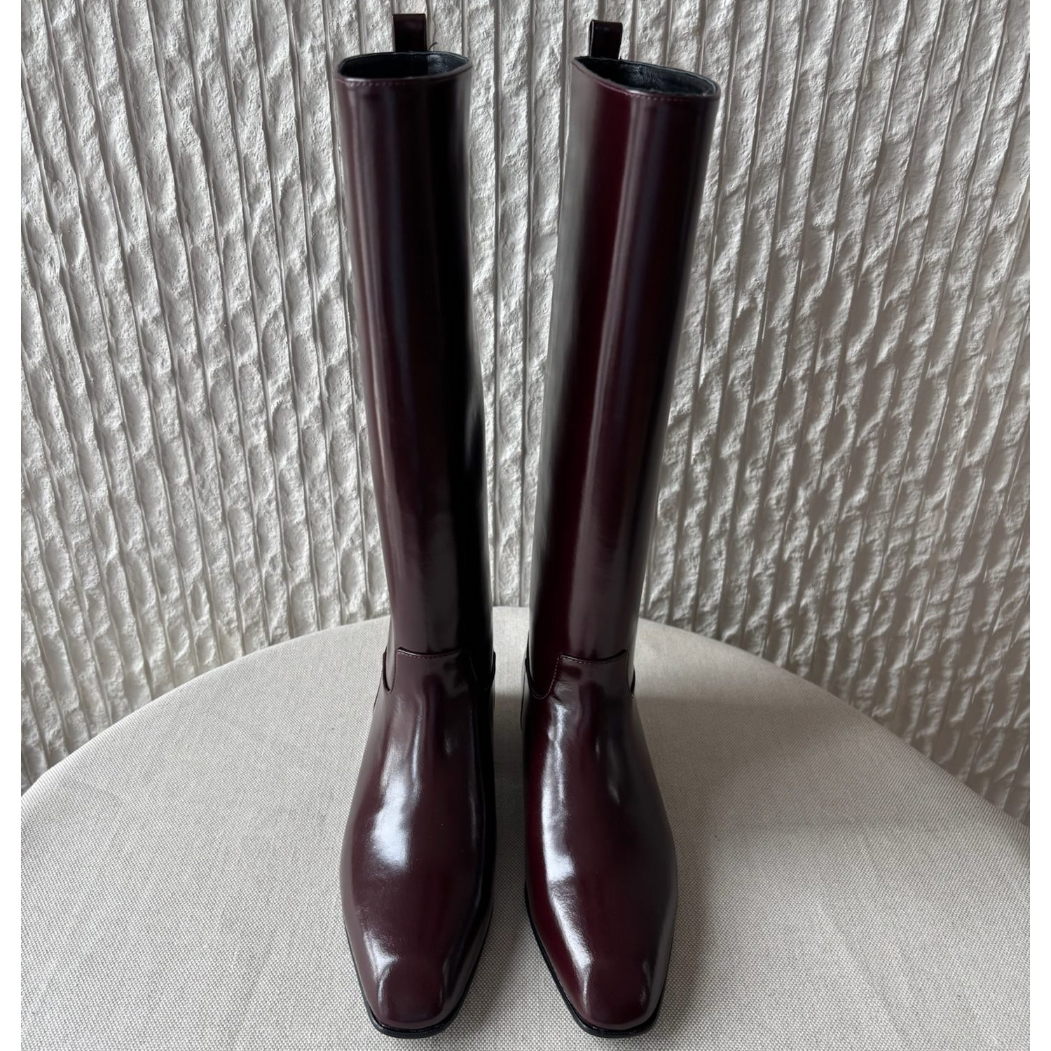 Botas de cuero hasta la rodilla para mujer, botas altas minimalistas con punta cuadrada y plana, botas largas de cuero liso color burdeos, calzado e