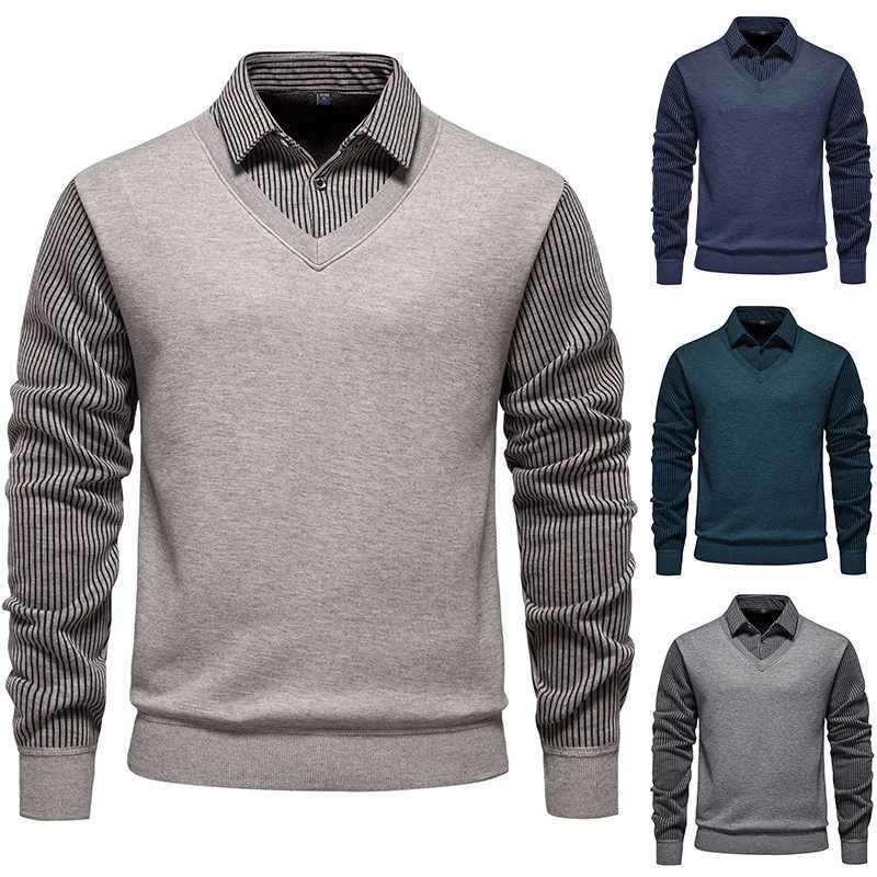 Men's Sweaters Autumn Winter New Fake Two Piece Shirt Collar Sweater Men Long sl1d Striped Button Slim fl1 Shirt Pullover Top MY1107 D261009