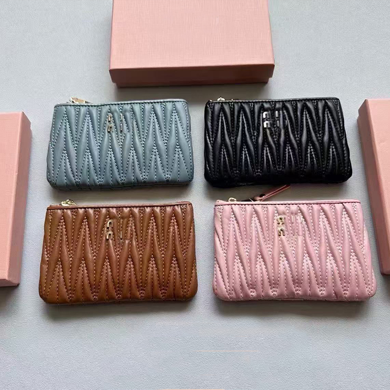 Designer Pleated Leather Zipper Card Holders Women Mini Wallet Fashion Luxury Leather Multi Slots Coin Purse Key Pouch Vintage Quilted Small Wallets