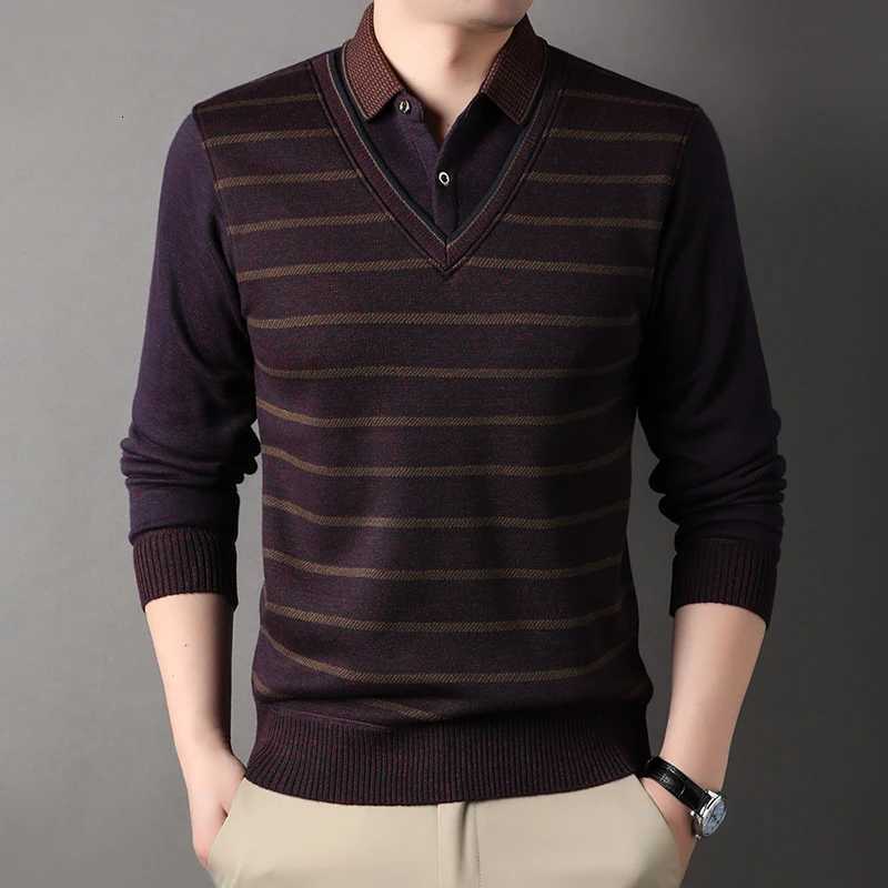 Men's Sweaters Men's Shirt Collar Sweater Thick fl1 Lined Pullover Striped Clothing Autumn Winter Neck Jumpers Fashion Knitwear D261009