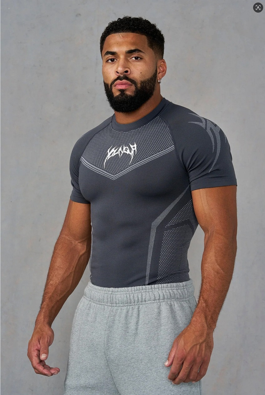 Designer Men's Short Sleeve Compression Shirt, High Stretch Workout T-Shirt, New Fitted Athletic Training Top for Gym Fitness