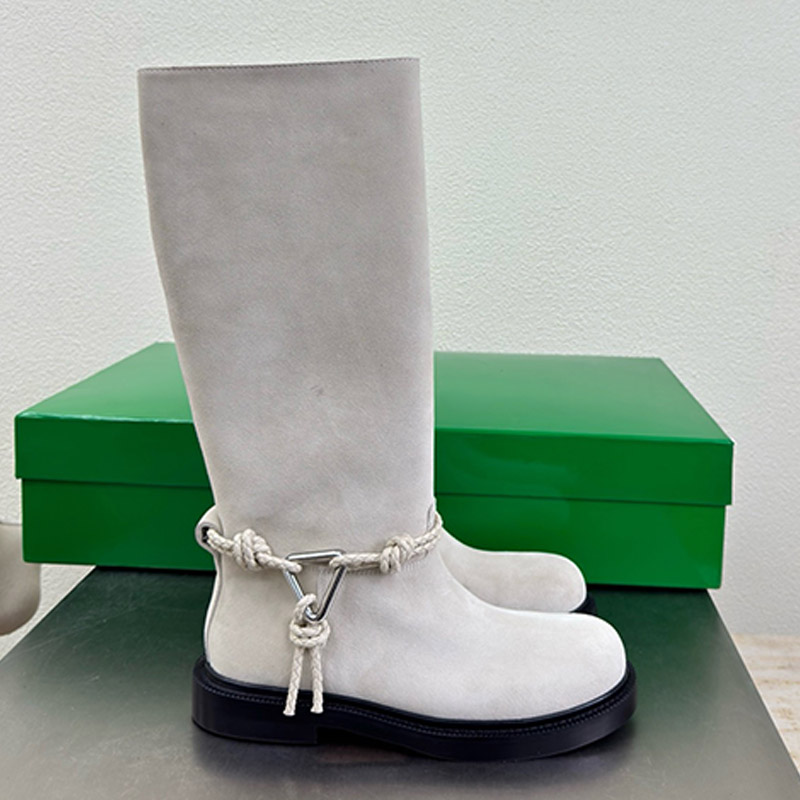 Premium Female James Knot Suede Knee High Boots Vintage Style Daily Commuting Office Platform Boots Autumn Winter Season Matte Suede Texture Round H