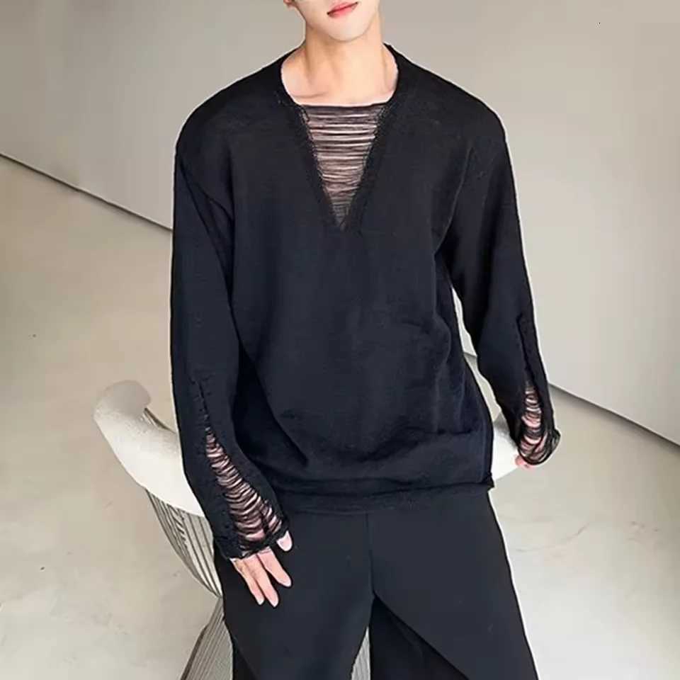 Men's Sweaters Hollow Out Knit Sweater Men Korean Style V-Neck Pullover Fashion Micro Transparent Knitted Sweater Autumn Thin High Street Top D