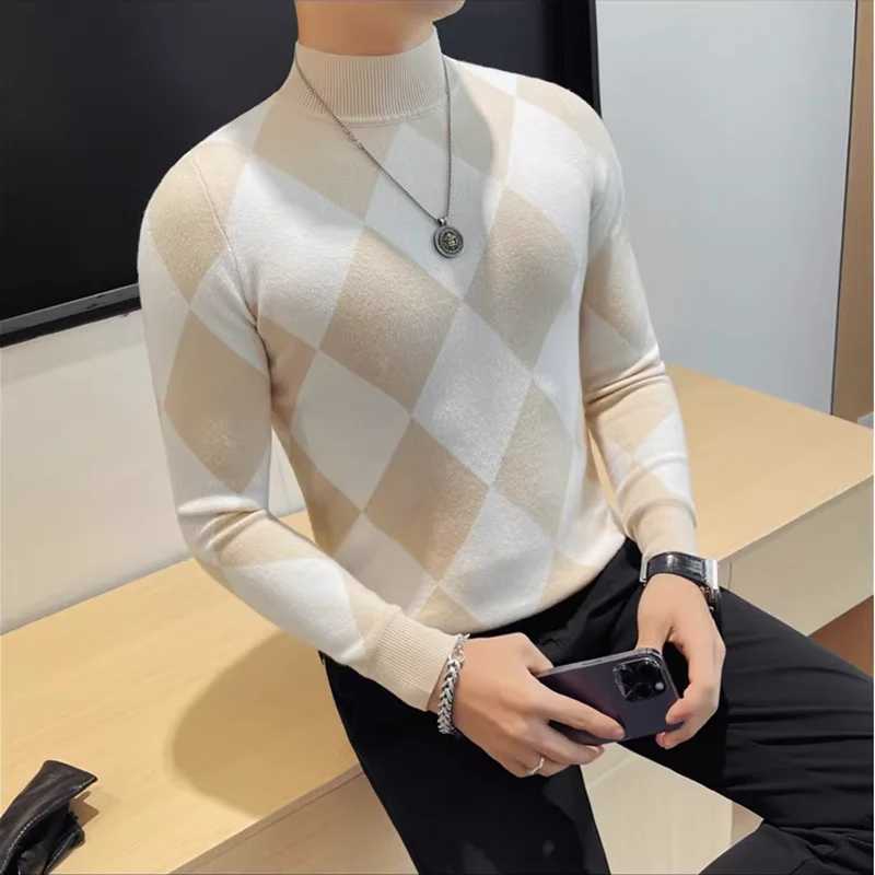Men's Sweaters Autumn Winter New Half High Neck Slim Fit Sweaters For Men Fashion Rhombus Lattice Long sl1s Casual Knitted Stretch Sweater D261