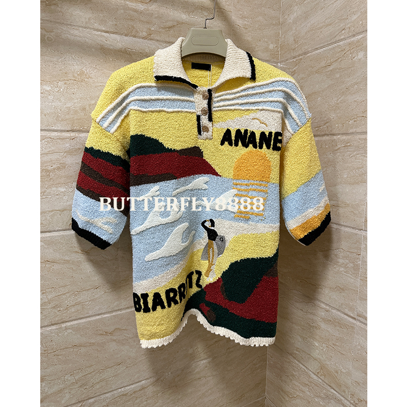 Designer Women Knit Polo Shirt Colorful Landscape Jacquard Short Sleeve Sweater Lapel Loose Graphic Knitted Top for Autumn Winter