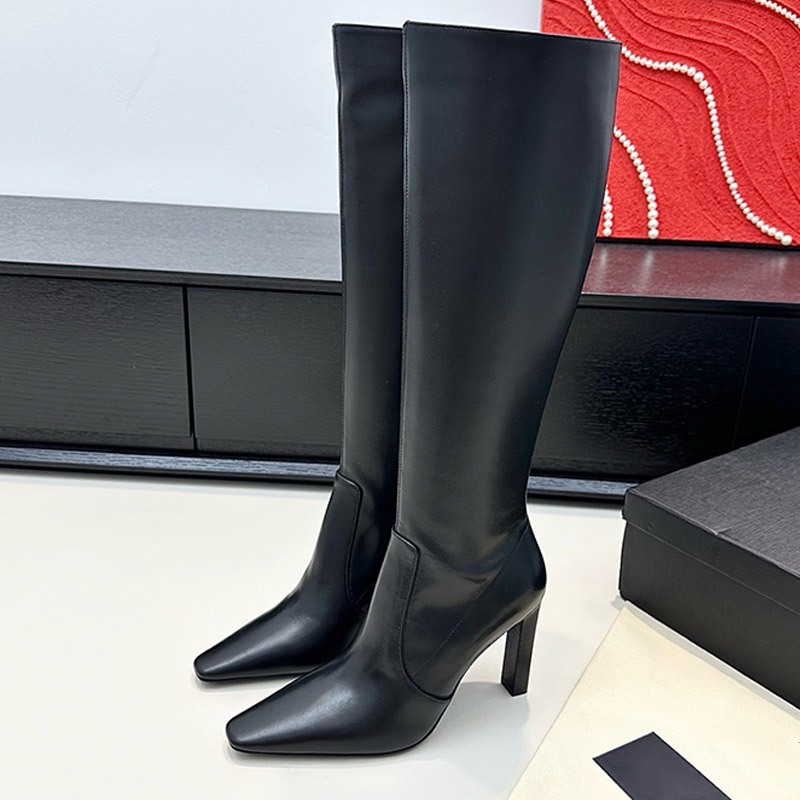 Black FRANCOISE Smooth Leather Boots Famous Feminine Designer With Pointed Square Toe Stacked Heel Knee High Boots Fashion Urban Street Photography